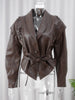 Woman Vintage Brown Lace Up Pu Leather Jacket Slim Fit Lapel Collar Long Sleeved Short Coats Fall Lady Chic Outfits