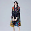Printting Women's Pleated Dress Turn Down Collar Single Breasted Elastic Loose Long Sleeve Dresses 2DB8280