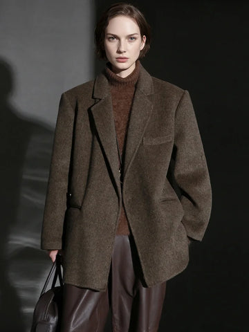 Herringbone Right Angled Shoulder Wool Blazer Coat Women, Ladies Autumn Winter Jacket