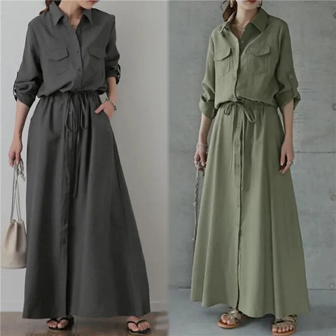 Dress Women Dresses Single Breasted Button Vestidos Long Sleeve High Waist Maxi Loose Casual Office Lady Belt Drawstring Y2k
