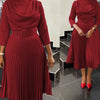 Elegant Office Dress Pleated for Women Professional Round Neck Full Sleeve Belt Waisted Mid Calf Formal Business Work Dress
