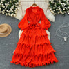 High End Party Ruffles Runway Dresses Women Lantern Sleeve Lace-up Loose Stretch Celebrity Beautiful Long Dress