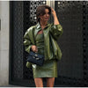 Vintage Street Leather Skirts Coats Suits Women Standneck Zipper Full Sleeves Sets Female Lady Solid Streetwears