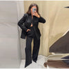 V-Neck Longline Tailored Double-Breasted Blazer Coat Black Peak Lapel Welt Pockets Autumn Elegant Office Women Outerwear