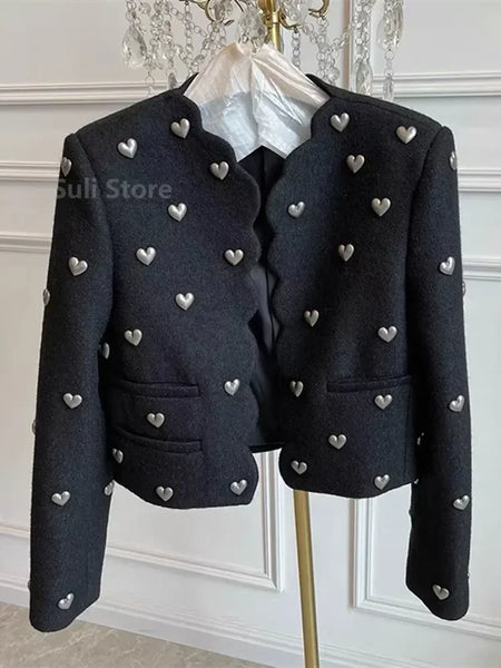 Autumn Winter Heart Buckle Black Wool Tweed Short Jacket Coat Women Vintage Long Sleeve V Neck Wave Cardigan Outwear Top