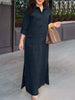 Women's Vintage Maxi Shirt Dress Spring 3/4 Sleeve Lapel Neck Slit Hem Long Dresses Loose Casual Solid Robes Femme