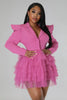 Vintage Women Single Breasted Notched Neck Puff Long Sleeve Mesh Cascading Ruffles Big Swing Blazer Dress Chic Vestidos