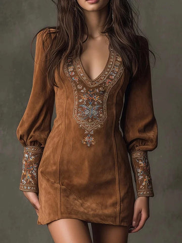 Women's Embroidery Print Wrap Hip Dress Casual Long Sleeve Mini Party Dress Elegant V-neck Hight Waist Skinny Dress