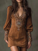 Women's Embroidery Print Wrap Hip Dress Casual Long Sleeve Mini Party Dress Elegant V-neck Hight Waist Skinny Dress