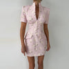 Elegant Women's Printed Buttons Short Dress Waist Cinched Shoulder Pads High Collar Dresses Autumn Lady Holiday Party Robes