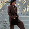 Spring Office Lady Elegant Brown Women Suit Casual Sashes Oversized Shrug Blazer Chic Zipper Long Pant