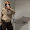 Casual Suede Jackets Women Loose High Neck Long Sleeves Pocket Zipper Coats Female Autumn Winter Chic Solid Outwear