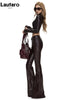 Spring Autumn Long Fitted Soft Black Pu Leather Flare Pants for Women Low Waist Sexy Designer Gyaru Clothes