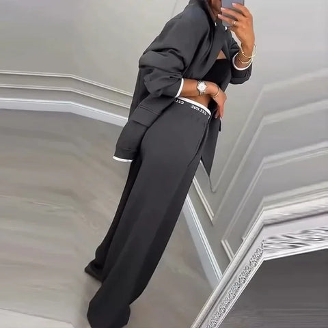 Autumn Winter Blazer Jacket Set Woman Elegant Single Button Lapel Cardigans & Wide Leg Trousers Suit Elegant Solid Office Outfit