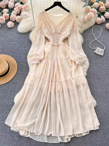 Vintage Chiffon Long Dress Women Elegant V-neck Long Sleeved Casual Dresses French Pleated Slim A-line Long Robe Vestidos