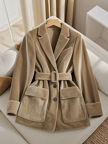 Casual Brown Velvet Blazer for Women Winter Thickened Long Sleeve Lapel Jacket Stylish Versatile Outerwear