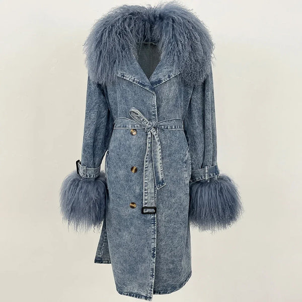 Lady Denim Jacket Mongolian Fur Collar Jacket Autumn Winter Long Trench Coat Fur Detachable Collar Fur Overcoats
