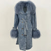 Lady Denim Jacket Mongolian Fur Collar Jacket Autumn Winter Long Trench Coat Fur Detachable Collar Fur Overcoats
