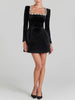 Elegant Square Neck Diamond Short Velvet Dress For Women Two Pockets Slim Office Ladies Outfits A-Line Long Sleeve Dress