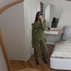 Women's Olive Green Two Piece Set Chic Padded Shoulder Cinched Waist Blazer High Waist Jogger Pants Streetwear Office Outfit