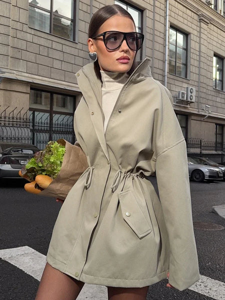 Stand Collar Drawstring Waist Trench Jacket Female Commute Long Sleeves Casual Women's Mid-Length Trench Coat