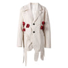Women Beige Flower Ribbon Big Size Vintage Blazer Lapel Long Sleeve Jacket Tide Spring Autumn CPG2872