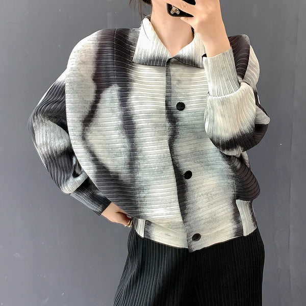 Spring Pleated Women's Lightweight Jacket Lapel Single Breasted Jacket Niche Chic Print Casual Top 2DB6159