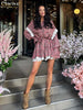 Loose Print Women Dress Elegant Lace-Up Long Sleeve Office Mini Dresses Casual Lace Spliced Pleated Female Dress