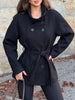 Women Black Belted Double Breasted Coat High Neck Long Sleeve Tailored Fit Elegant Jacket Winter Office Casual Outerwears