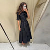 Elegant Belt Women Long Black Dress Full Sleeve Pleated Lapel Waist-Closed Female A Line Dresses Spring Lady Robes