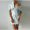 Elegant Women's Printed Buttons Short Dress Waist Cinched Shoulder Pads High Collar Dresses Autumn Lady Holiday Party Robes