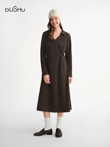 V-neck Slant Placket Waist Knitted Dress Winter Design Dresses Women Retro Elegant Temperament European Style