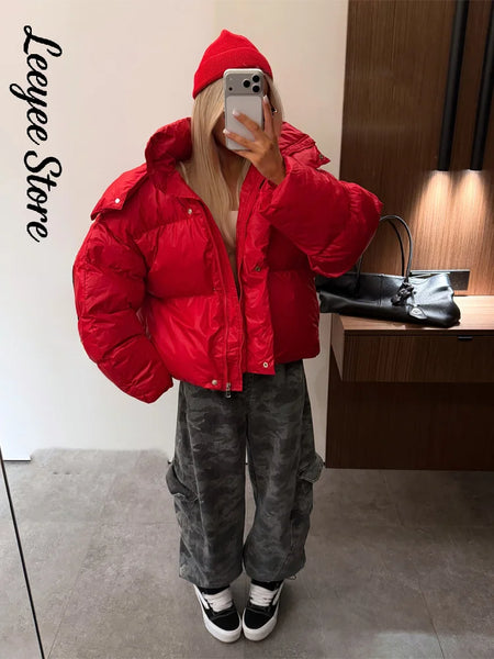 Bright Red Hooded Puffer Jacket Oversized Collar Horizontal Quilted Thick Padded Cropped Coats Women's Down Winter Jackets Warm