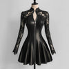 Women's Mini Lace Faux Leather PU Dress Hollow Out Elegant Zip-fly Pleated A-line Elegant Gothic Long Sleeve Casul Retro Dress
