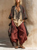 V-neck Top + Shawl + Pants Suit Vintage Pattern Printed Spring Three Piece Set Casual Breathable Loose Women's Outfit