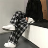 Oversize Women Sweatpants Black Plaid Casual Pants Baggy Elastic Waist Pockets Student Unisex Hip Hop Loose Trousers
