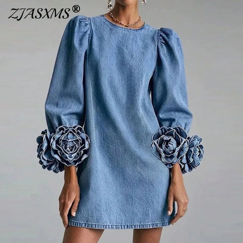 Loose Solid Mini Dress Woman Round Neck Puff Long Sleeve 3D Floral Applique Cuff Dress Party Casual Street Short Dresses