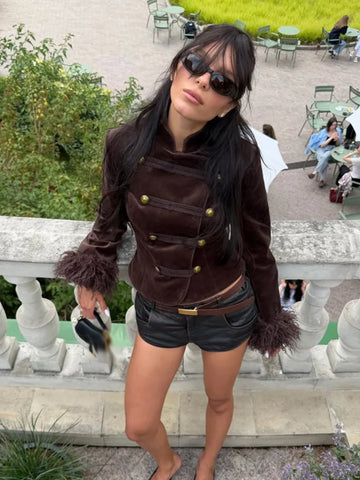 Dark Brown Cropped Military Jacket Women's Stand Collar Gold Button Fluffy Faux Fur Cuff Slim Vintage Outerwear Streetwear