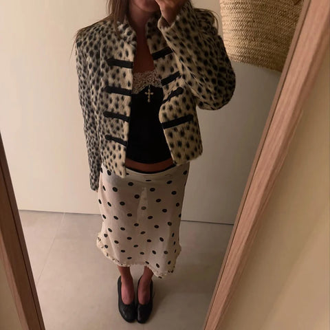 Retro Y2k Women Leopard Fleece Cropped Coat Stand Neck Oriental Frog Fastener Long Sleeve Fuzzy Fur Short Jacket Date Streetwear