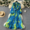 Retro Elegant Autumn Edible Tree Fungus Patchwork Long Sleeves Print Chiffon Dress A-line French Vintage Vacation Women Dresses
