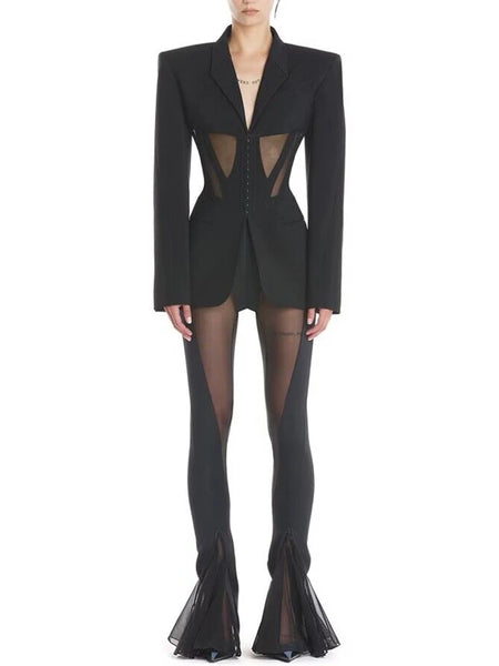 High Street Designer Blazer Suit Women's Perspective Gauze Patchwork Blazer Pencil Pants