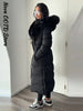 Elegant Fur Collar Hood Belt Long Cotton Jacket Women Zipper Drawstring Waist Parka Down Coat Winter Lady Warm Chic Outwear