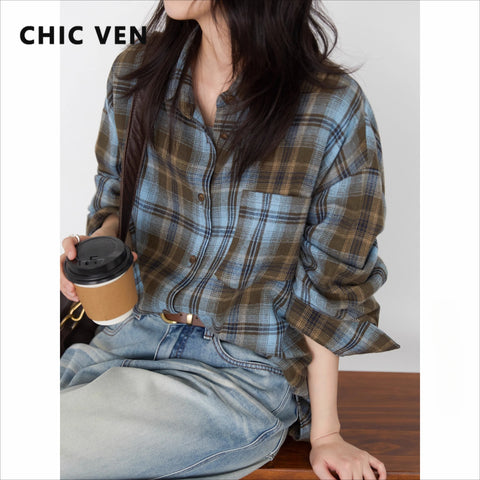 Women Shirt Long Sleeve Loose Casual Brushed Plaid Shirt Coat Mid Long Length Female Blouses Spring Autumn