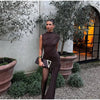 Elegant Slim Fit Pleat Irregular Long Dress Women Long Sleeve Turtleneck Patchwork Robes Chic Party Banquet Wear