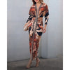 Women Vintage Baroque Print Long Sleeve Bodycon Dress Casual Plunge V Neck Ruched Slim Fit Midi Dress Party Elegant Wear