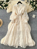 Spring Autumn French Women's Dress Lace Embroidery V-neck Lantern Sleeves Single Breasted Party Birthday Dress C192