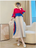 Tie Flower Design Women's Pleated Dress O-neck Long Sleeve Colorblock Patchwork Chic Beading Loose Famale Clothes