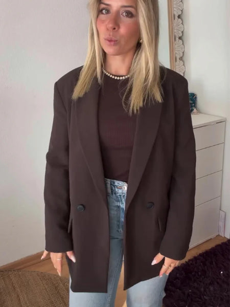 Women's Blazer Office Lady Long Sleeve Double-breasted Mid-length Casual Suit Coat Elegant Simple Stylish Outerwear