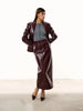 Women Burgundy Croc Faux Leather Notched Lapel Slim Fit Blazer Jacket Single Breasted Long Sleeve Elegant Office