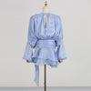 Elegant Womens Ruffle Mini Dress Long Lantern Sleeve Tie-up Front Solid Color Pleated Dress Short Flowy Dress Party Club